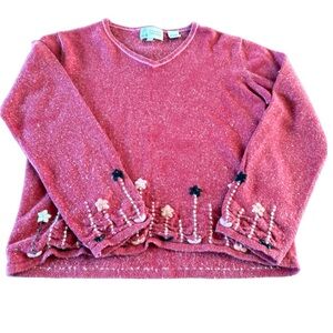 Red V Neck Sweater with Floral Embroidery